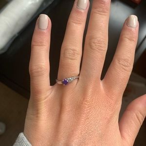 Dainty three stone ring: amethyst and diamond
